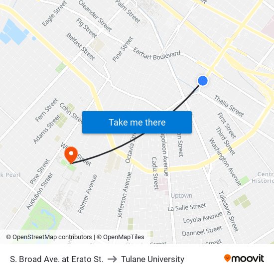 S. Broad Ave. at Erato St. to Tulane University map