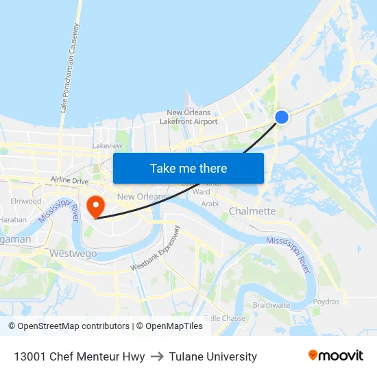13001 Chef Menteur Hwy to Tulane University map