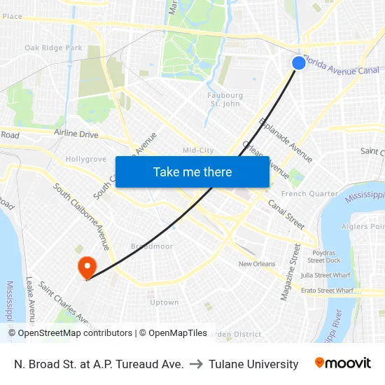 N. Broad St. at A.P. Tureaud Ave. to Tulane University map