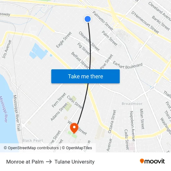 Monroe at Palm to Tulane University map
