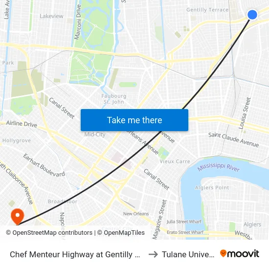 Chef Menteur Highway at Gentilly Walmart to Tulane University map