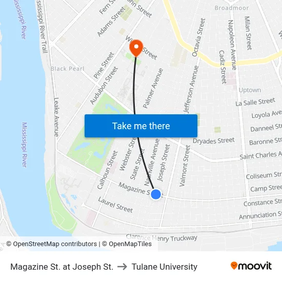 Magazine St. at Joseph St. to Tulane University map