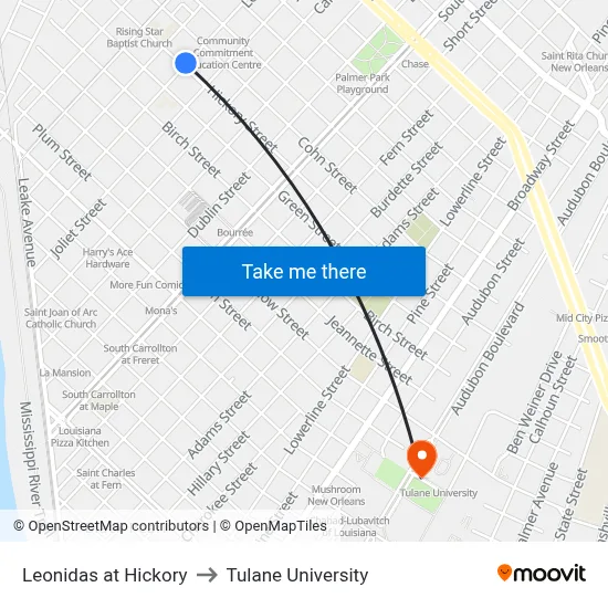 Leonidas at Hickory to Tulane University map