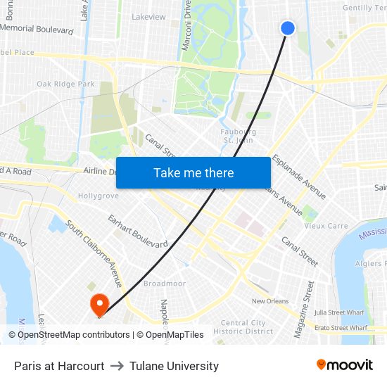 Paris at Harcourt to Tulane University map