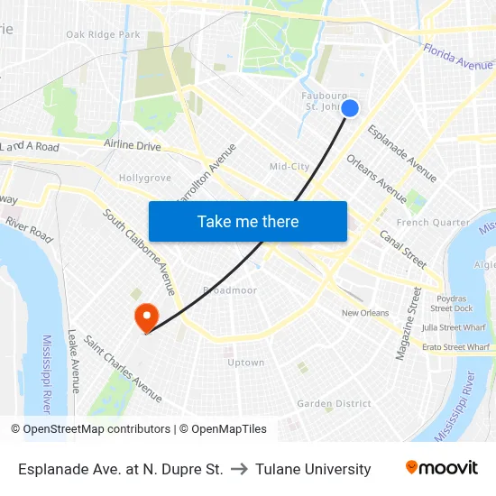 Esplanade Ave. at N. Dupre St. to Tulane University map