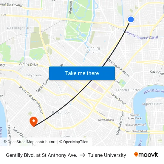 Gentilly Blvd. at St Anthony Ave. to Tulane University map
