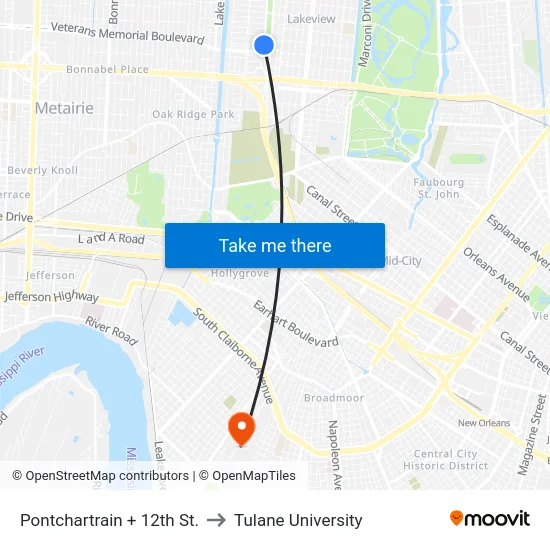 Pontchartrain + 12th St. to Tulane University map