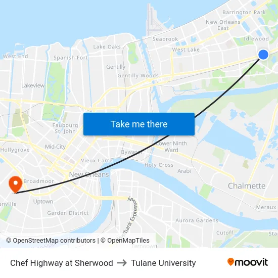 Chef Highway at Sherwood to Tulane University map