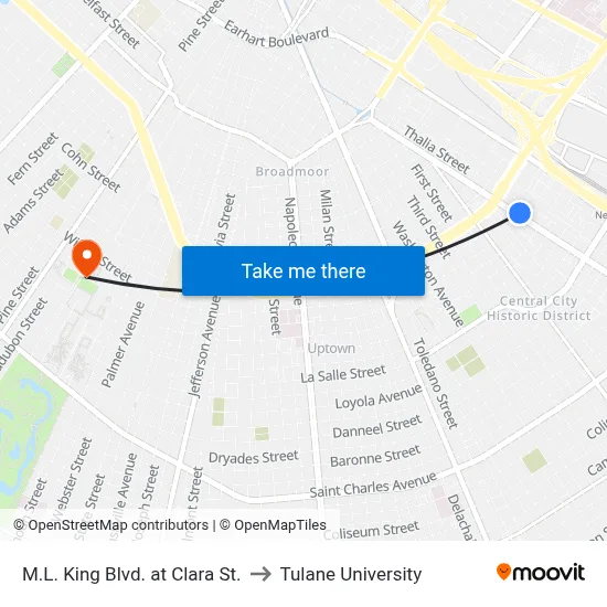 M.L. King Blvd. at Clara St. to Tulane University map