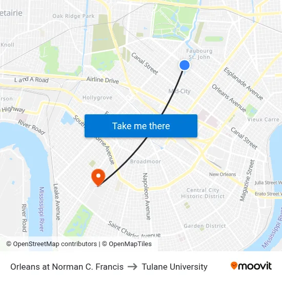 Orleans at Norman C. Francis to Tulane University map