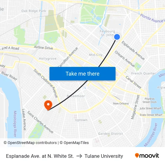 Esplanade Ave. at N. White St. to Tulane University map