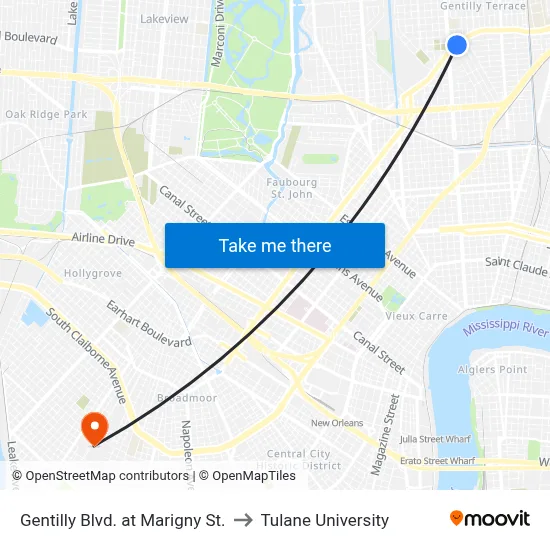 Gentilly Blvd. at Marigny St. to Tulane University map