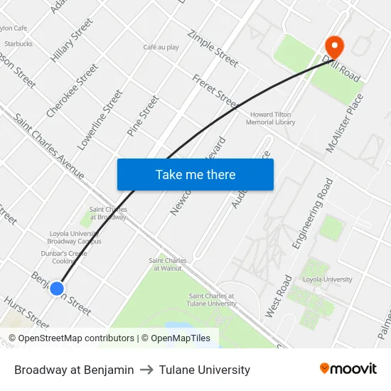 Broadway at Benjamin to Tulane University map