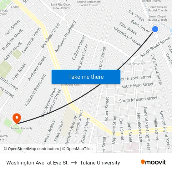Washington Ave. at Eve St. to Tulane University map