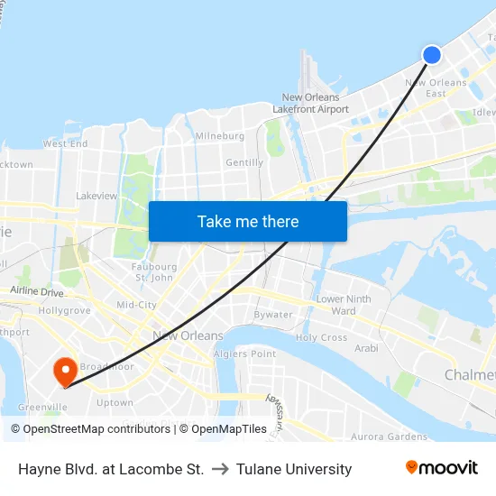 Hayne Blvd. at Lacombe St. to Tulane University map