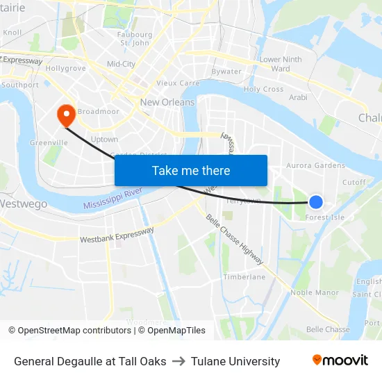 General Degaulle at Tall Oaks to Tulane University map