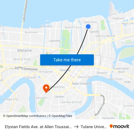 Elysian Fields Ave. at Allen Toussaint Blvd. to Tulane University map