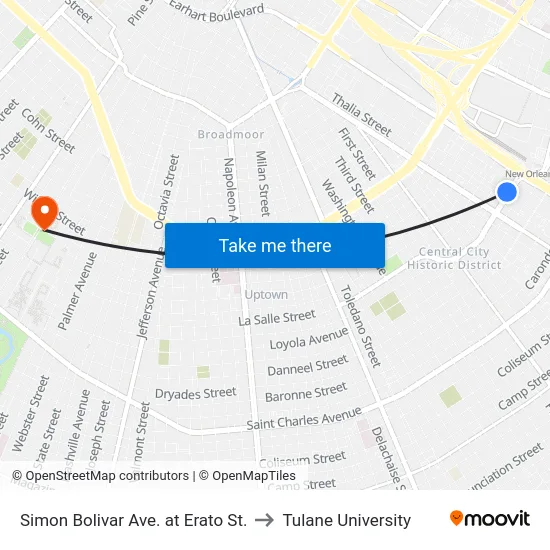 Simon Bolivar Ave. at Erato St. to Tulane University map