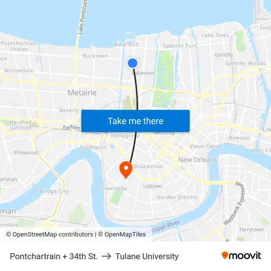Pontchartrain + 34th St. to Tulane University map