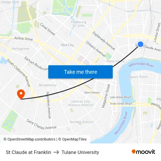 St Claude at Franklin to Tulane University map
