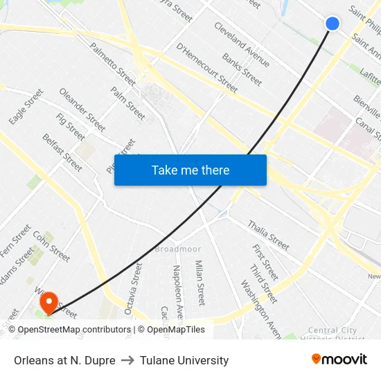Orleans at N. Dupre to Tulane University map