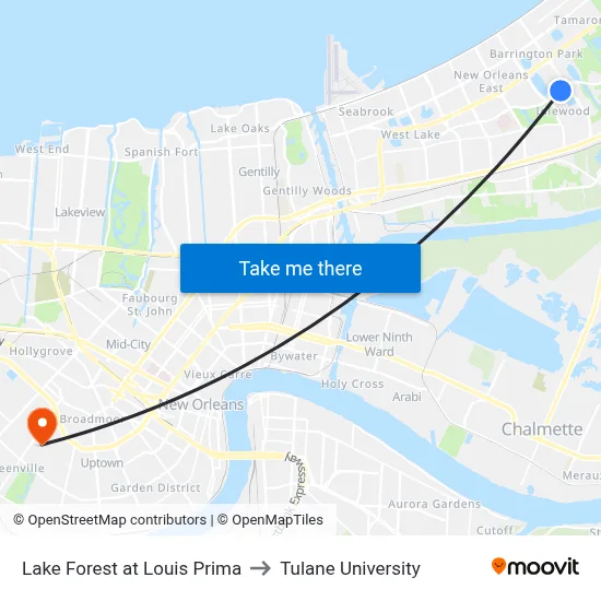 Lake Forest at Louis Prima to Tulane University map
