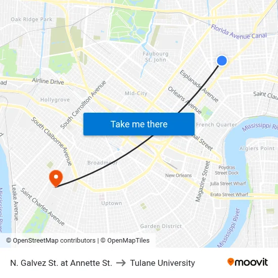 N. Galvez St. at Annette St. to Tulane University map