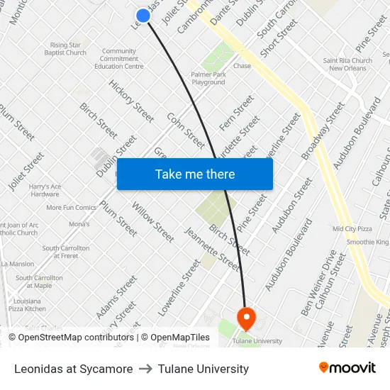 Leonidas at Sycamore to Tulane University map