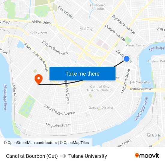 Canal at Bourbon (Out) to Tulane University map