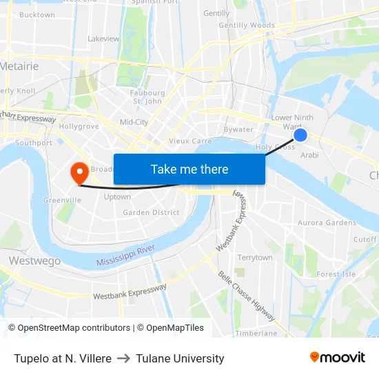 Tupelo at N. Villere to Tulane University map
