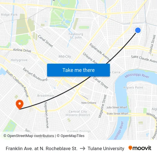 Franklin Ave. at N. Rocheblave St. to Tulane University map