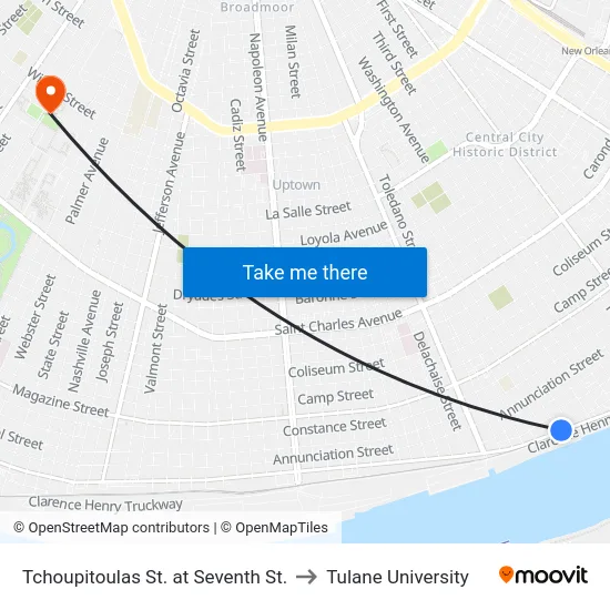 Tchoupitoulas St. at Seventh St. to Tulane University map