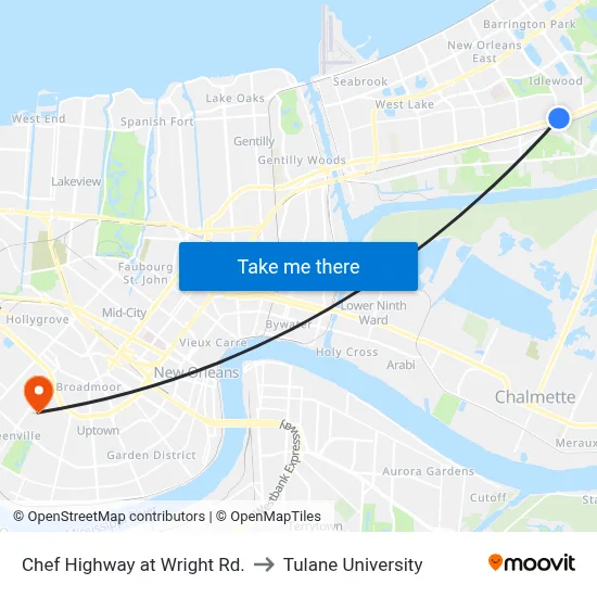 Chef Highway at Wright Rd. to Tulane University map