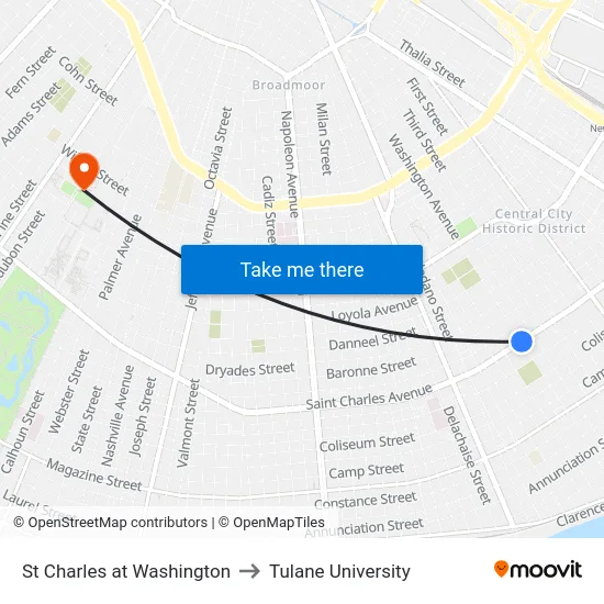 St Charles at Washington to Tulane University map