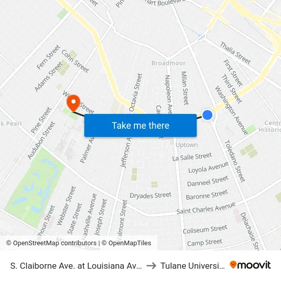 S. Claiborne Ave. at Louisiana Ave. to Tulane University map