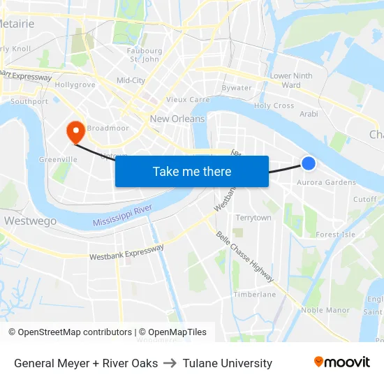 General Meyer + River Oaks to Tulane University map