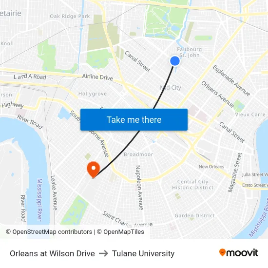 Orleans at Wilson Drive to Tulane University map