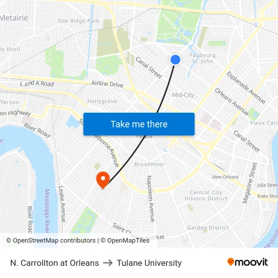 N. Carrollton at Orleans to Tulane University map