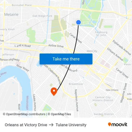 Orleans at Victory Drive to Tulane University map