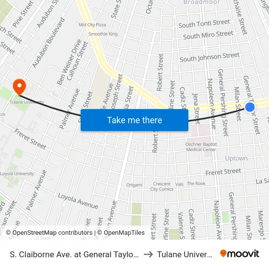 S. Claiborne Ave. at General Taylor St. to Tulane University map