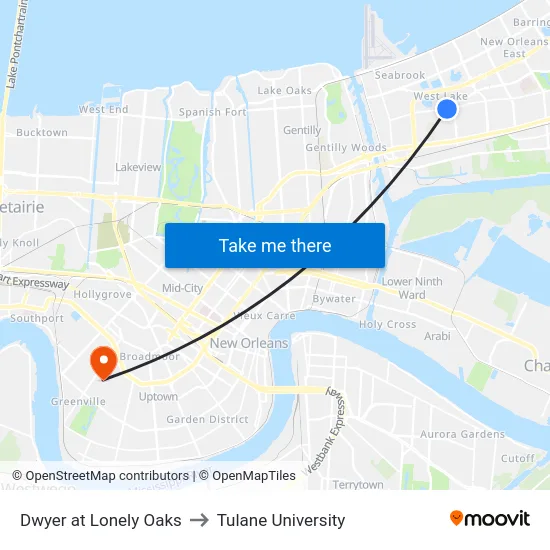 Dwyer at Lonely Oaks to Tulane University map