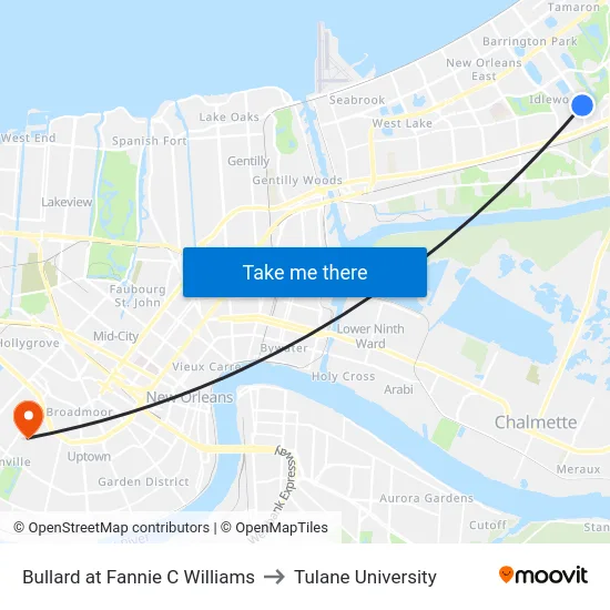 Bullard at Fannie C Williams to Tulane University map
