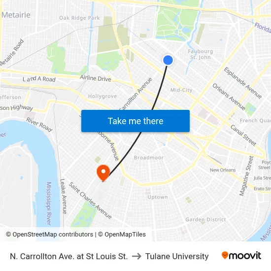 N. Carrollton Ave. at St Louis St. to Tulane University map