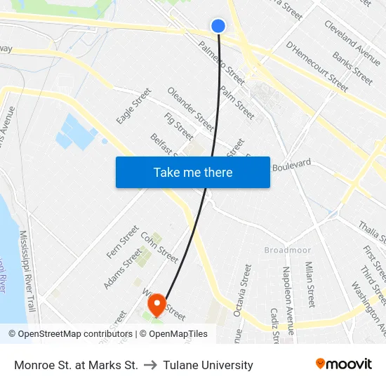 Monroe St. at Marks St. to Tulane University map