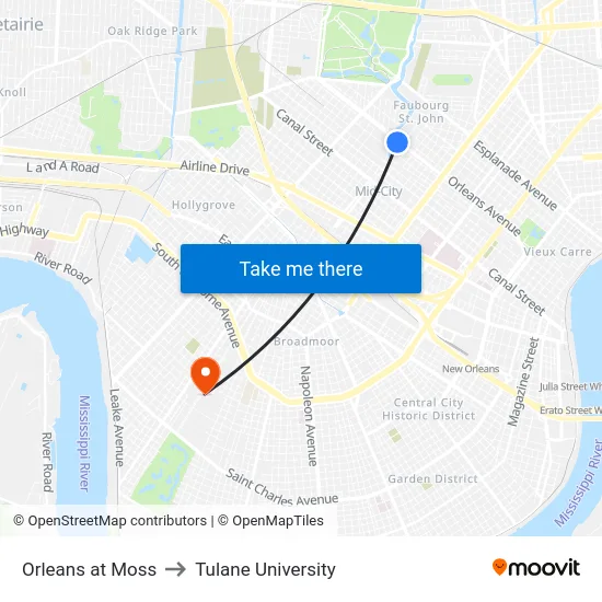 Orleans at Moss to Tulane University map