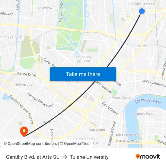 Gentilly Blvd. at Arts St. to Tulane University map