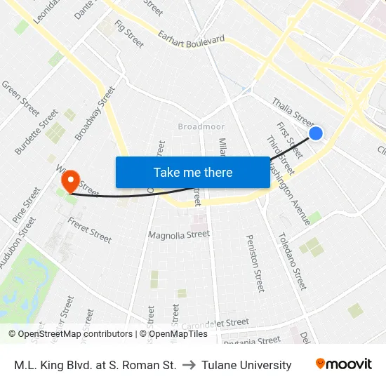 M.L. King Blvd. at S. Roman St. to Tulane University map