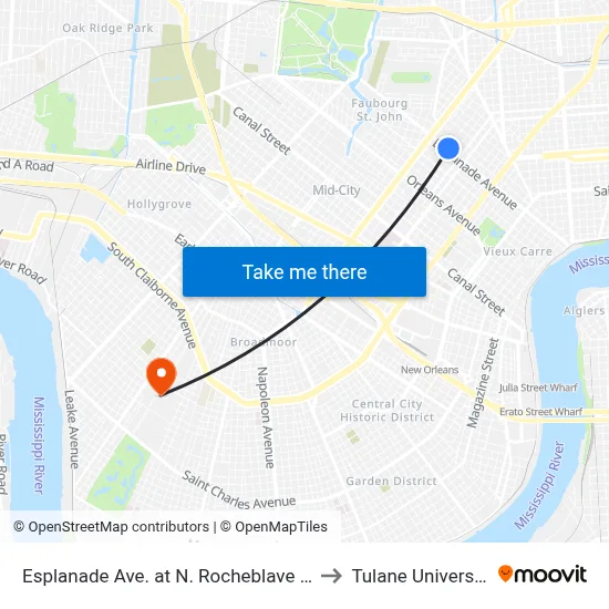 Esplanade Ave. at N. Rocheblave St. to Tulane University map