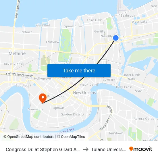 Congress Dr. at Stephen Girard Ave. to Tulane University map