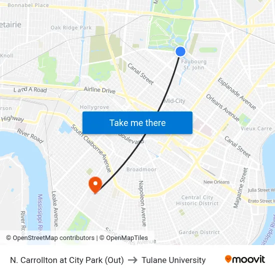 N. Carrollton at City Park (Out) to Tulane University map